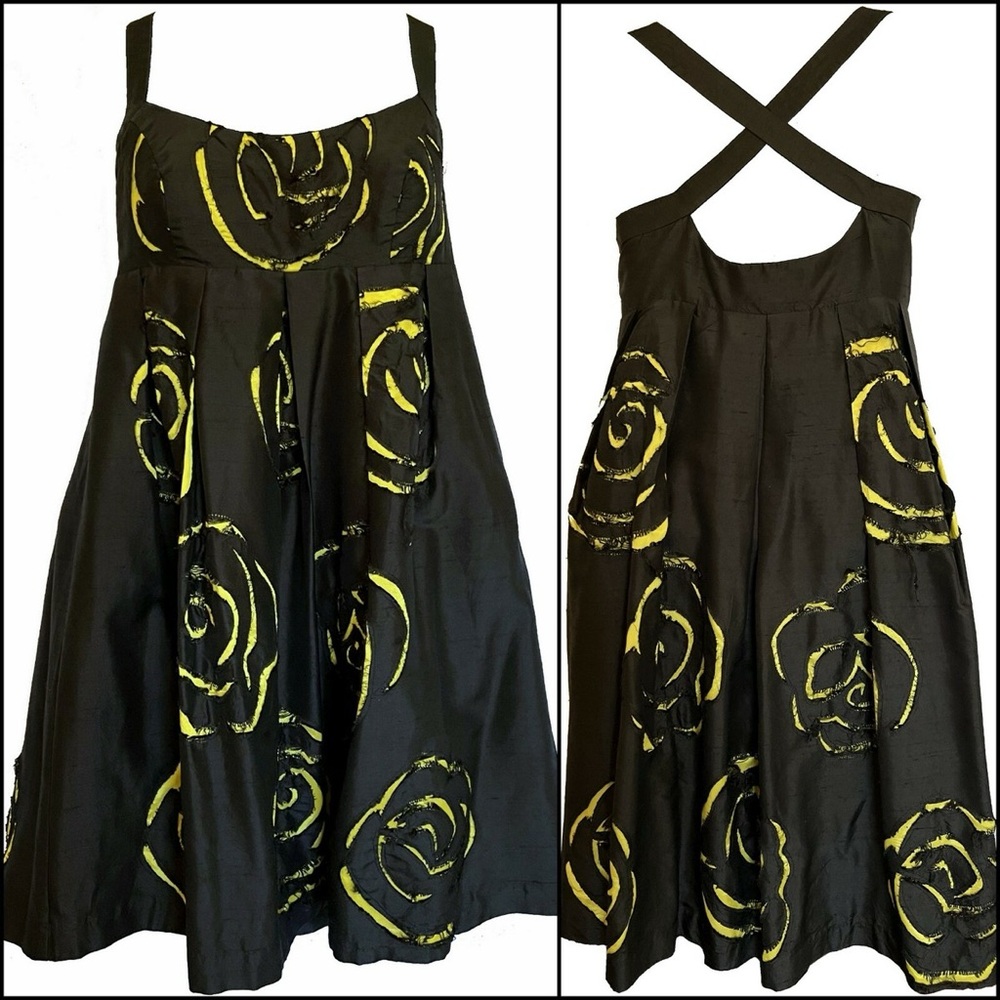 I.N.C. International Concepts Black Silk Babydoll Dress with Yellow Rose Cutouts
